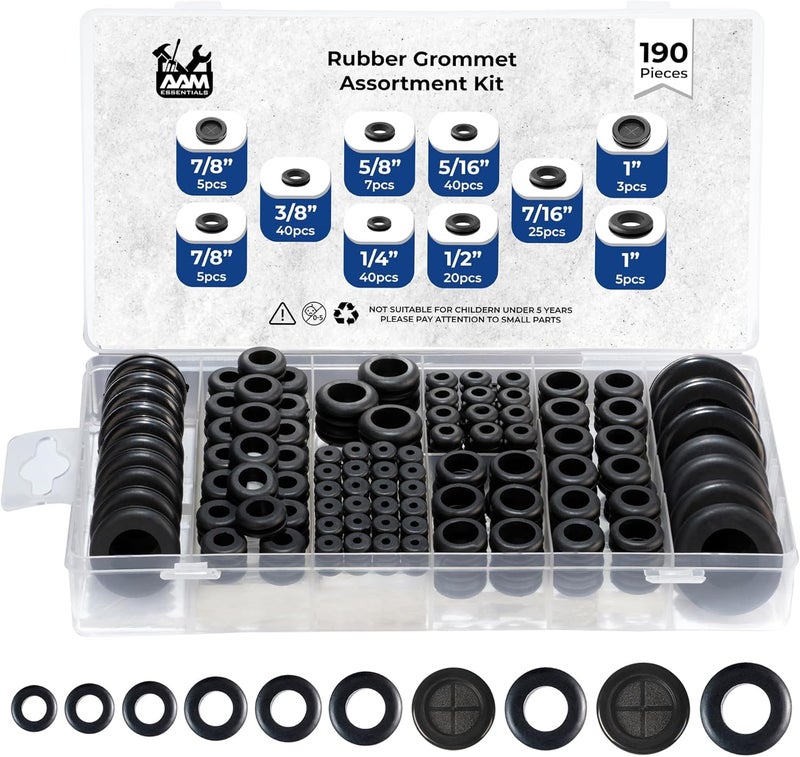 AAM ESSENTIALS Rubber Grommet kit- Pack of 190 in 2 Types of Rubber Grommets for Wiring Including 2 Sizes of Hole Plugs & 8 Sizes of Wire Grommets- Firewall Grommet kit Handles Complete Safety & Sealing. - Image 1